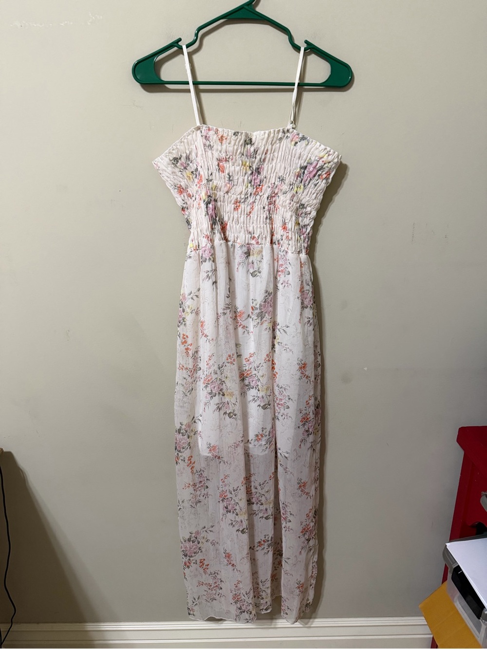 White Floral Smocked Maxi Dress medium whimsical fairies sheer dainty euc